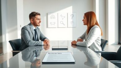 An interviewer listens to a candidate across a table with a tablet displaying Key Interview Topics.